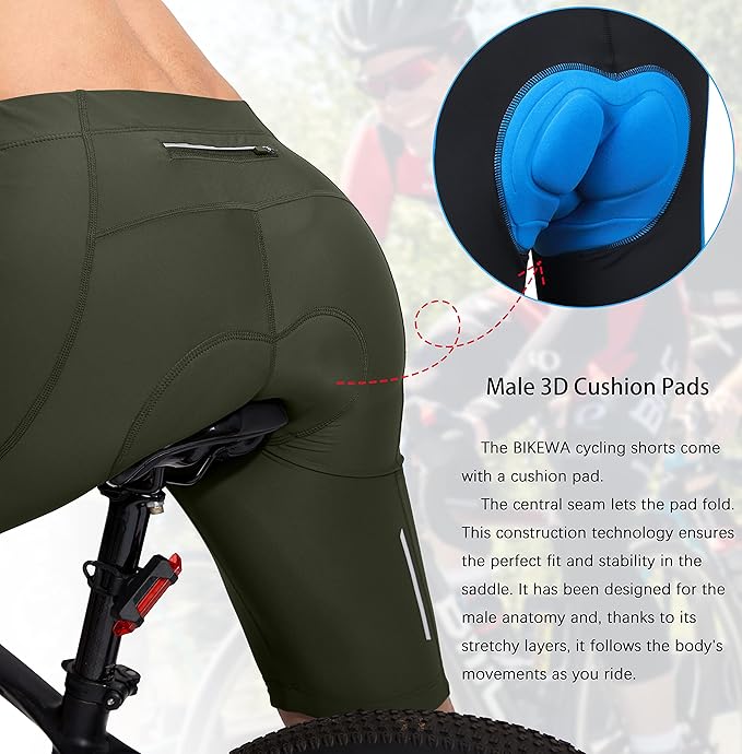 Bikewa Men's Bike Shorts 3D Padded Cycling Road Biking Mountain Riding Biker Bicycle UPF 50+ Cycle Shorts Zipper Pockets