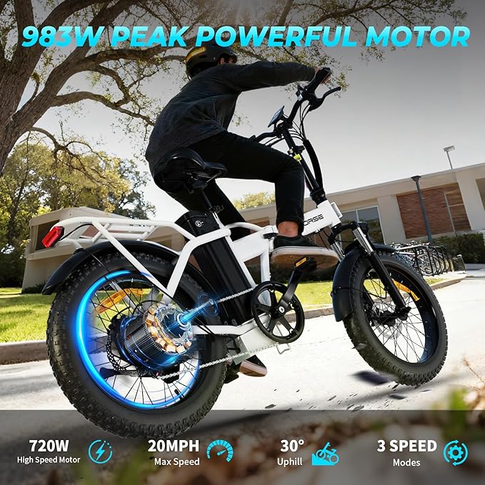 Foldable Electric Bike, Peak 983W Motor Ebike, 40-70 Miles & 20 MPH, 48V Removable Battery, 20" Fat Tire All-Terrain Electric Bicycle for Adults with 7-Speed, Suspension, Rear Rack, UL2849 Certified