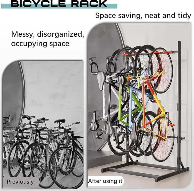 YOHKOH Freestanding Bike Rack 300LBS, 41" W x 35.4" D x 80.4" H Vertical Bike Stand with 5 Adjustable Hooks, PVC-Coated Hangers for Garage Indoor Storage, Space-Saving Floor Stand for 5 Bicycles
