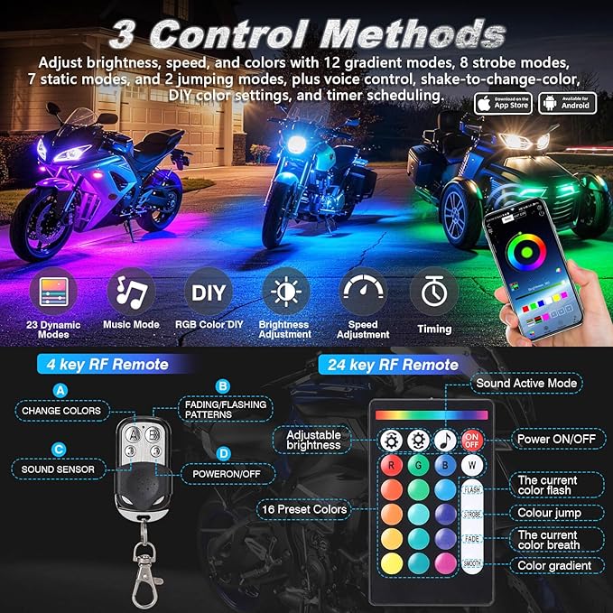 14PCS Motorcycle RGB LED Light Kit with Brake Turn Signal, Underglow Lights with APP/RF Remote,Neon Accent Light MultiColor Dual Zone Waterproof 12V for Sport Bike, Cruiser, Street&Off-Road Motorcycle