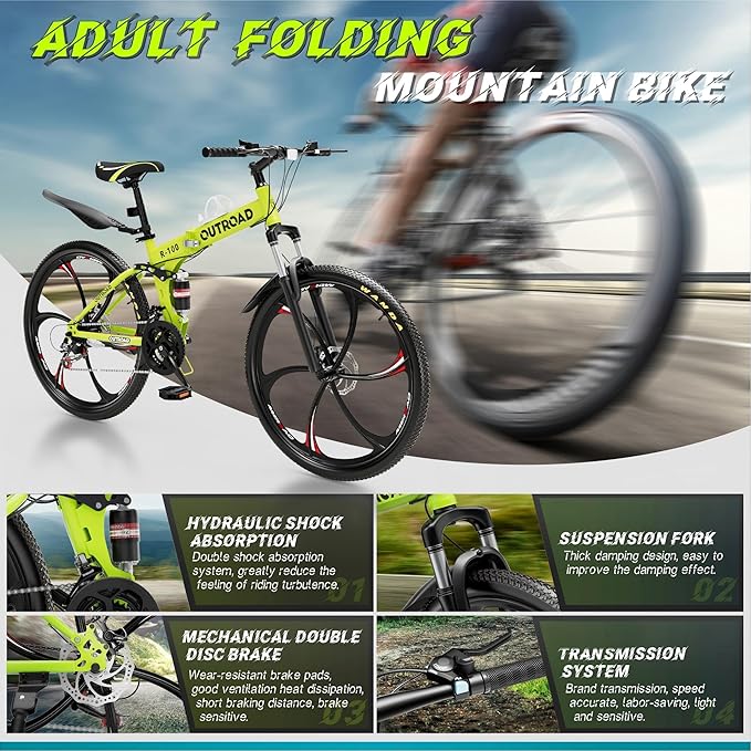 Betterland 26 Inch Adult Folding Mountain Bike, 21 Speeds Full Suspension Foldable Bikes, Dual Disc Brake, High Carbon Steel Frame Bicycle for Men Women