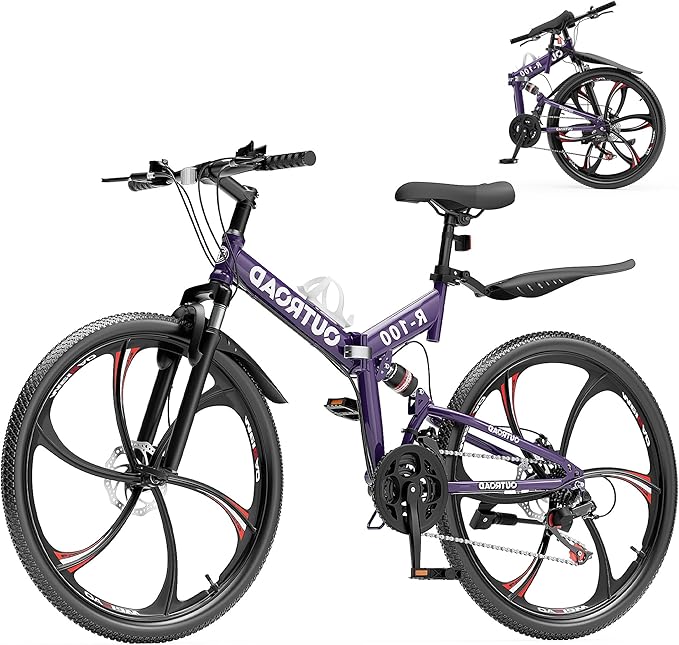 Betterland 26 Inch Mountain Bike, 21 Speeds Full Suspension Folding Bikes, Dual Disc Brake, High Carbon Steel Frame and Non-Slip Quick Release tire Bicycle for Adult