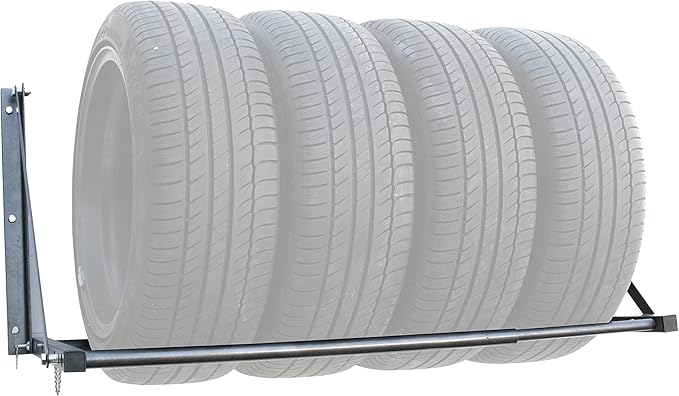 MaxxHaul Adjustable Wall Mount Folding Tire Rack – 32 to 48 Inch Width – 300 lb Capacity – Heavy Duty Steel Garage Tire Storage Holds 4 Tires – 70489