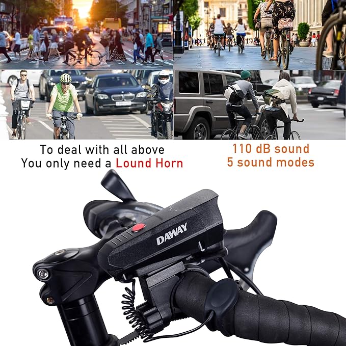 DAWAY A14 110dB Electric Bike Horn - 5 Sound Modes, Loud Bicycle Handlebar Alarm Bell with Free Screwdriver, Ideal Gift for Kids & Adults - Safe & Easy Cycling Alert
