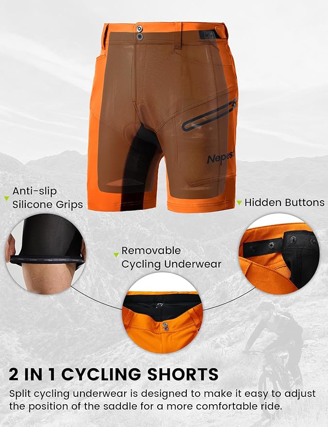 Nepest Mens Mountain Bike Shorts 3D Padded MTB Bicycle Riding Cycling Short Padding Liner Baggy Quick Dry,Zip Pockets