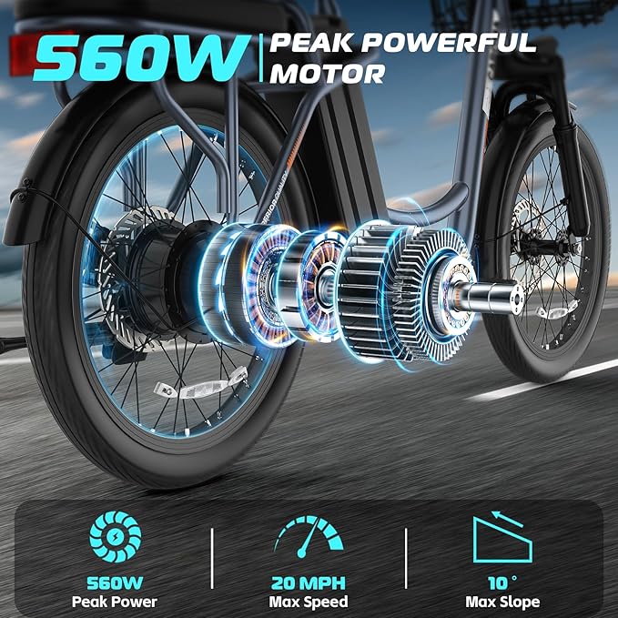 Carom Peak 560W Electric Bike for Adults, 36V Removable Battery, Up to 15Miles&20MPH, 20" Fat Tire Electric Scooter with Basket&Adjustable Seat, Foldable Adult Electric Bicycle for Commuting (Grey)