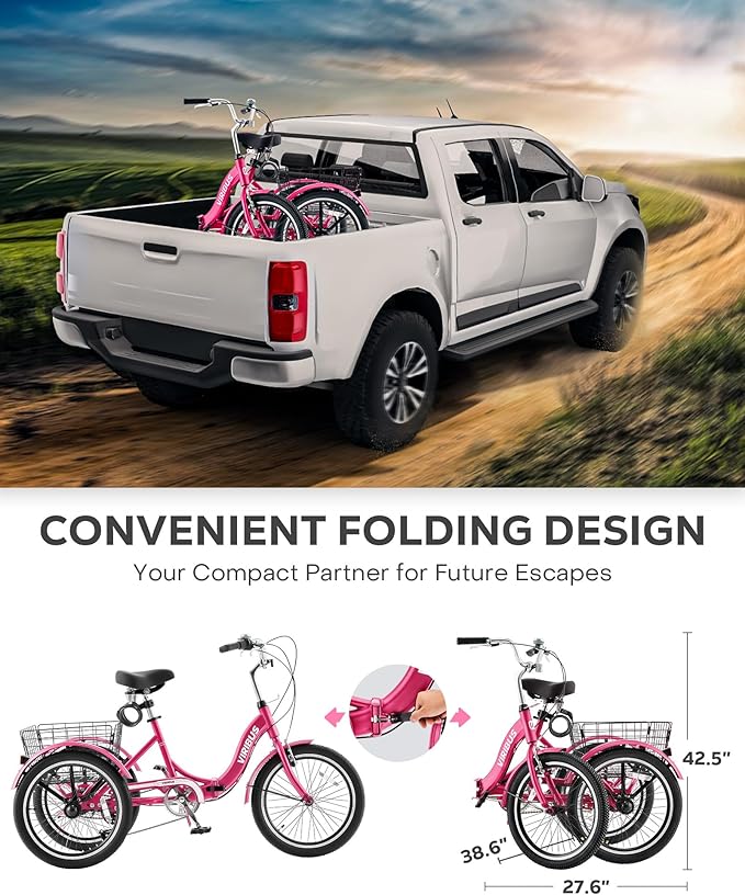 VIRIBUS Folding Tricycle for Adults, 20 inch Foldable Adult Tricycle 1 or 7 Speed Speed with Basket, Folding 3 Wheel Bikes for Adults Senior Women Men, Collapsible Mini Trike, Three Wheeler 330lb.