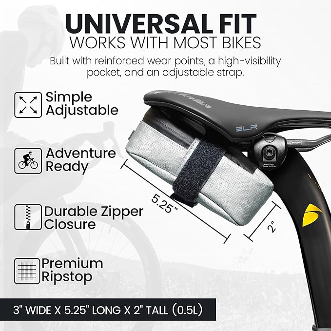 ALMSTHRE Signature Bike Saddle Bag – Sterling Silver | 0.5L Bike Seat Bag (3" x 5.25" x 2") | Water-Resistant Ripstop, Waterproof Zipper, Internal Pocket | Durable Under Seat Storage