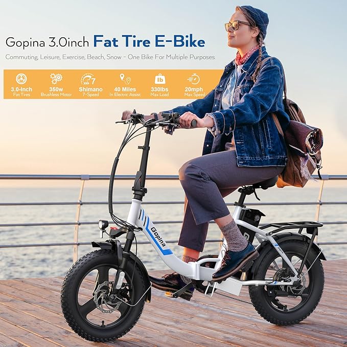 Vivi Gopina Electric Bike, 16" x 3.0 Fat Tire Electric Bike, Peak 500W Step Thru Electric Bicycle, 48V Removable Battery, Up to 40 Miles, LCD Display, 20mph, 7 Speed, SGS Certified to UL2849