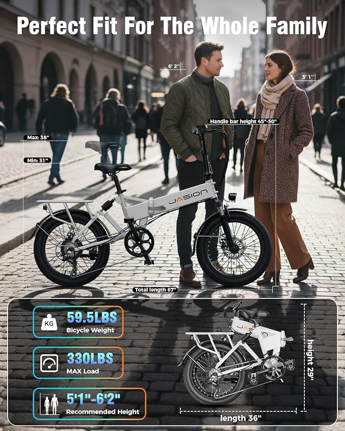 Jasion EB7 20" Foldable Electric Bike Fat Tire for Adults, 1200W Peak, 48V Removable UL-Certified Battery, 28MPH 55 Mi Range Commuter Electric Bike with Dual Suspension for City,Beach,Snow,Mountain
