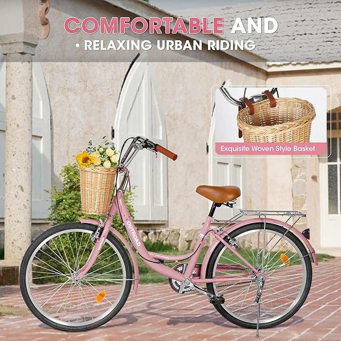 Outroad Comfort Bike for Women, 24/26 Inch Commuter Bicycle for Adult Men and Women, High-Carbon Steel Comfortable City Bikes with Rear Rack or Basket