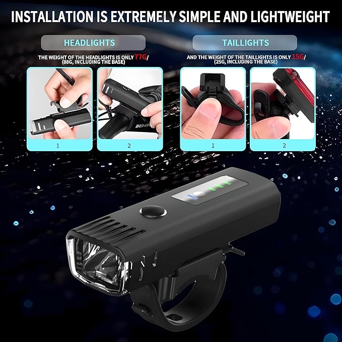 Ultra Bright USB Rechargeable Bike Light Set, 4 Light Modes Bicycle Front Headlight and Back Taillight, Night Riding Waterproof Bike Front & Rear Light for Men Women Kids Road Mountain Cycling