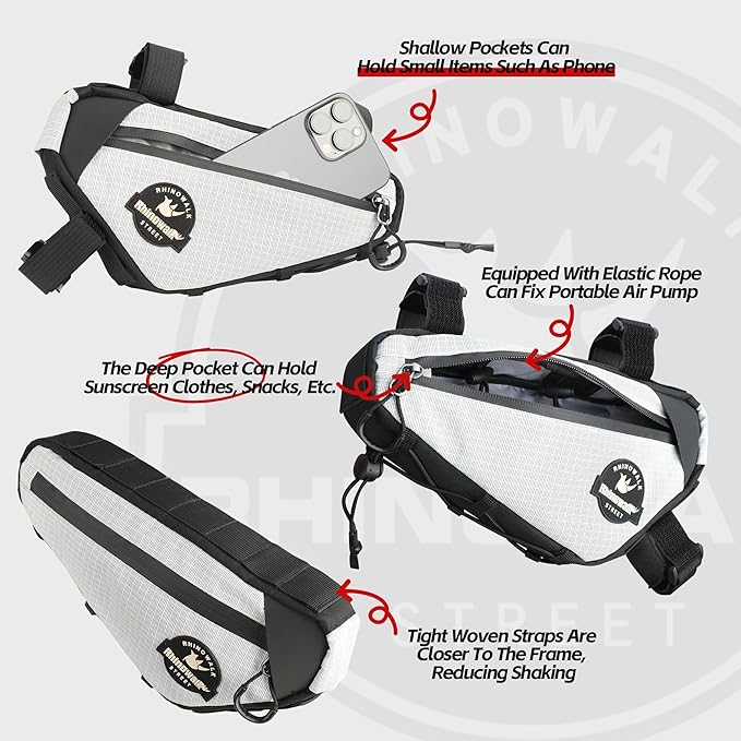 Rhinowalk Bike Frame Bag Waterproof Triangle Frame Storage Bag with Cable Port 1L Lightweight Bicycle Bag for Road Bike MTB Gravel Bike Compact Cycling Accessory with Pump Strap (White)