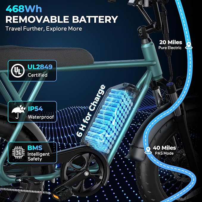T63 Multi-Color Electric Bike for Adults & Teens, 1000W Peak Motor, 20MPH 468Wh Remove Battery,20"x4"Fat Tire Ebike, Moped Style Comfortable Electric Bikes,Long Seat E Bikes for All-Terrain