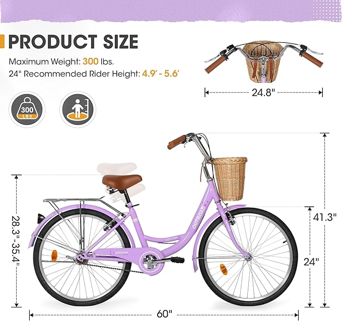 Outroad Beach Cruiser Bike, 24/26 inch Commuter Bicycle for Adult and Women,High-Carbon Steel Comfortable City Bikes with Rear Rack and Basket, (Black/Pink/White/Green/Purple)