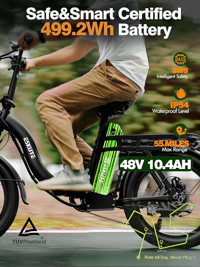1200W Peak Folding Electric Bike for Adults, 28MPH 48V 10.4Ah Removable Battery, 55-Mile Range, 20"x3" Fat Tire, Step-Thru Ebike with Basket 7-Speed – Commuter E-Bike
