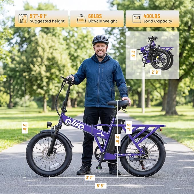 Qlife Hunter Foldable Electric Bike for Adults, Peak 1200W Ebike with 48V 13.5Ah Battery, 65-Mile Range, Heavy-Duty Rear Rack, 20-Inch Fat Tires, Folding E Bike for Commuting & Outdoor Use