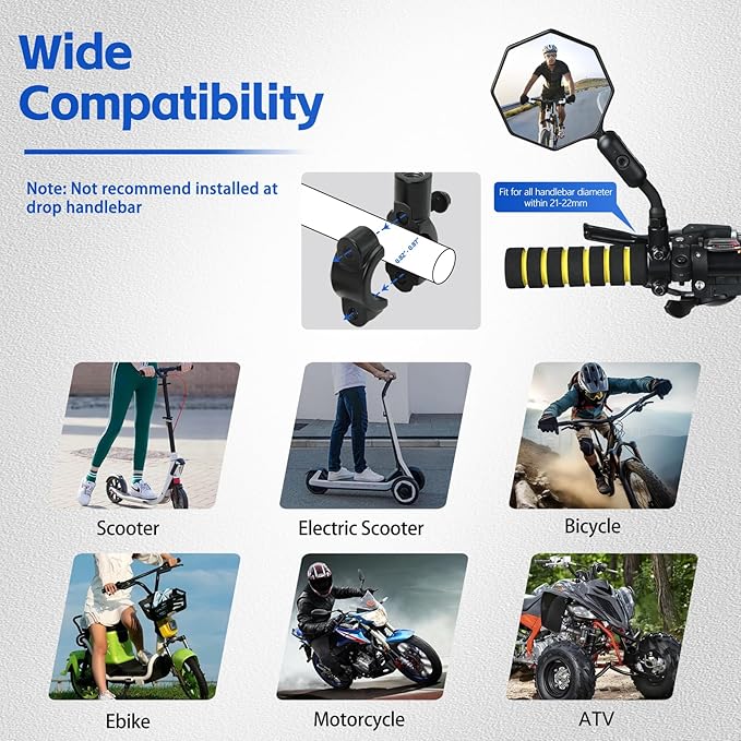 Bike Mirror, 2 pcs Bike Mirror Handlebar Mount,Aluminum Alloy,HD 360° Adjusted Bike Rear View Mirror, Anti-impact/explosion/glare, Fits for Mountain Bikes,E-bike, Bicycle,Scooter,Motorcycle