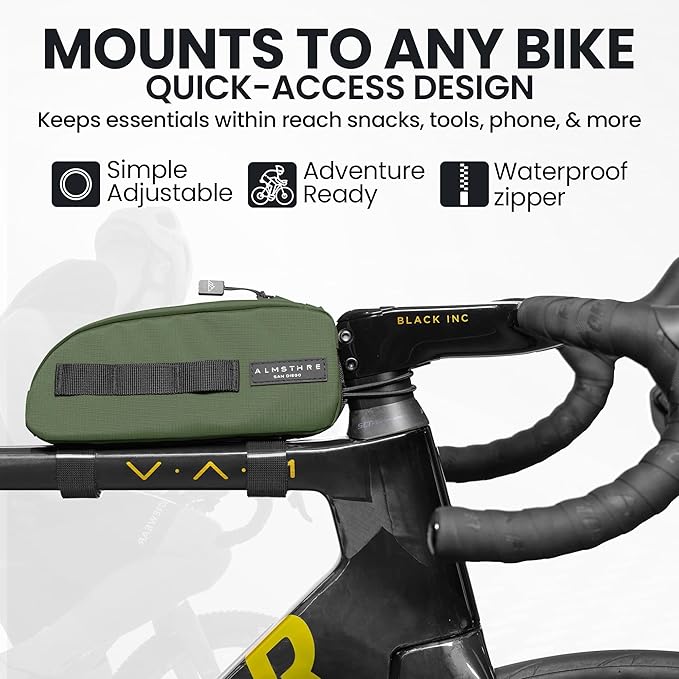ALMSTHRE Top Tube Bag 8'' x 2'' x 3'' | Waterproof, Secure & Stable – Universal Bike Storage with Versatile Mounting – Fits Essentials | Adventure-Ready Cycling Gear