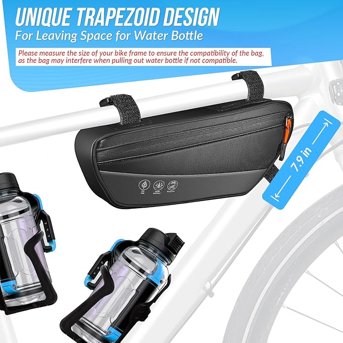 WOTOW Bike Frame Bag - Waterproof Bike Triangle Bag with Side Pocket - Reflective Bicycle Under Tube Storage Pouch for Road Mountain Cycling Travel, 1.8L