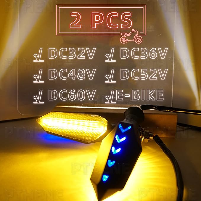 Motorcycle Led Turn Signal Lights Universal Front Rear DC 32v 48v 52v 60v Flowing Blinkers Flasher Indicator Light for Electric Motorcycles Motorbike Scooter Bicycle E-Bike (Amber/Blue, DC32V-DC60V)