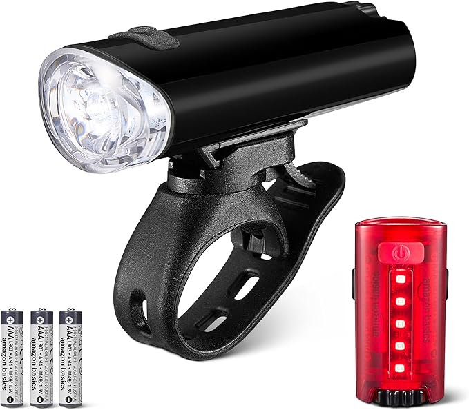 Amazon Basics Bike Lights for Day/Night Riding, Bicycle Lights Front and Back, Headlight Black, Taillight Red