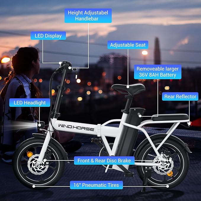 SEHOMY 2-Seat Electric Bike for Adults 630W Peak Motor, 25MPH Folding Ebike, 16" Adults Electric Bicycles with 30° Uphill, 288WH Removable Battery, 35 Miles Long Range, Commuter E Bikes Teens 14+
