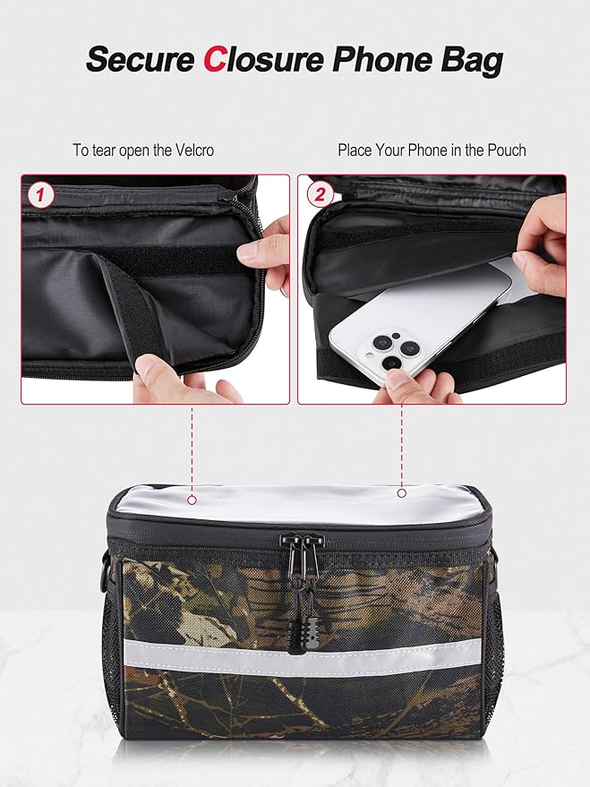 Camouflage Bike Handlebar Bag - Touchscreen Phone Holder, Secure Closure - Front Frame Pouch for Mountain/Road Bikes