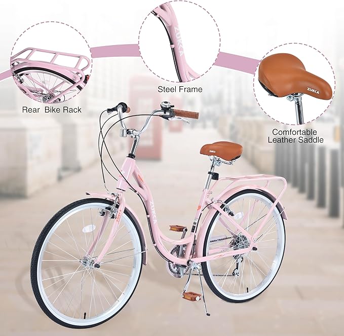 Commuter Bicycle, 26 Inch Ladies Bicycle for Adult, 7-Speed/High-Carbon Steel/Front & Rear Fenders, Ergonomic Upright Design Multiple Colors