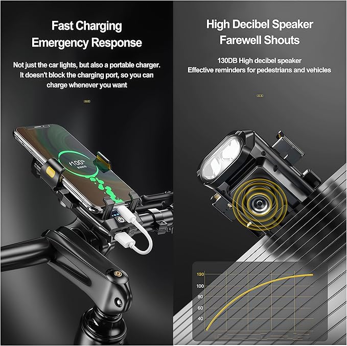 4 in 1 Bike Phone Mount with Light, Bicycle Phone Holder with 500 Lumen LED Headlight,3000mAh USB Charger&130dB Horn,Easy Install for Handlebar,E-Bike,Road & Mountain Bicycle(Black)