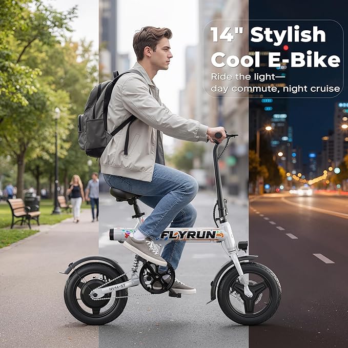 Electric Bike- Peak 500W, 20MPH, Up to 25+Miles, Waterproof Battery, Dual Disc Brakes,Rear Suspension, Stylish 14" Commuter E-Bike for City & Road Sand Mountain