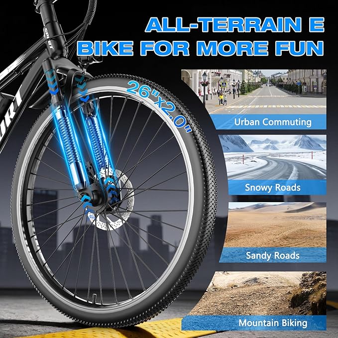 Electric Bike for Adults, 1500W Peak Motor, Up to 25 MPH, 65 Miles PAS Range, 48V 10Ah Removable Battery, Advanced Front Suspension, 7 Speeds, Compact Electric Mountain Bicycle, 26" Commuting Ebike