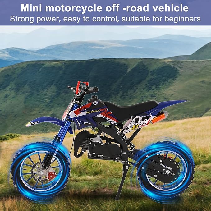 49cc Kids Dirt Bike,2-Stroke Children Moto Gas Powered Motorcycle Off Road Mini Bike Beach Vehicle with Front Rear Disc Brakes Pull Start for Boys & Girls Ages 8-14 Gifts Blue