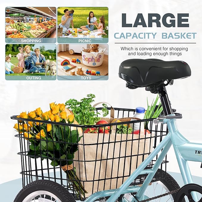 14 inch Folding Tricycle Dual Disc Brake Three Wheel Cruiser Bike Large Capacity for Adult