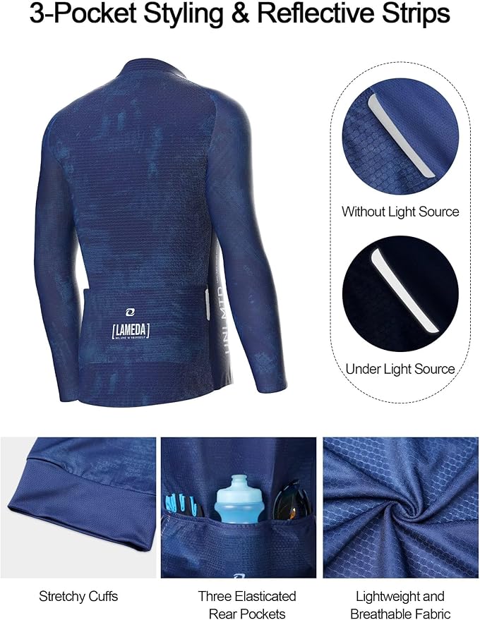 LAMEDA Men's Cycling Jersey Long Sleeve, Breathable Moisture Wicking Bike Shirt, Lightweight Biking Shirt with 3 Rear Pockets