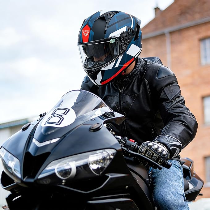 VCOROS Full Face Dual Visor Motorcycle Helmet for Adults Motorbike Street Bike Racing Helmets X9 DOT Approved with Black Visor