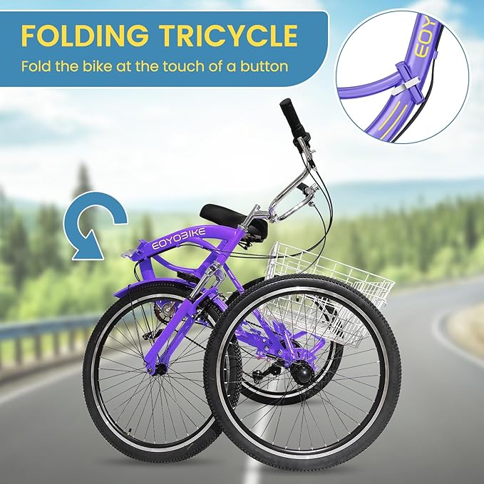 NAIZEA Folding Adult Tricycle - 7 Speed 20/24/26 Inch Folding Tricycle for Adult, 3 Wheel Bike, Foldable Trike with Large Basket/Low-Step Through for Men Women Senior