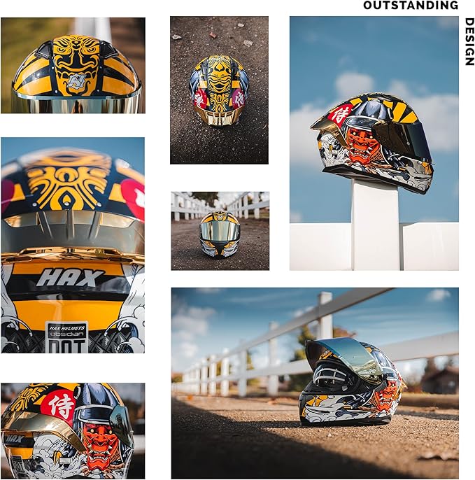 HAX Obsidian Full Face Dual Visor Adult Motorcycle Helmet for Motorbike Street Bike with Pinlock Ready DOT Approved Samurai Gold XXL