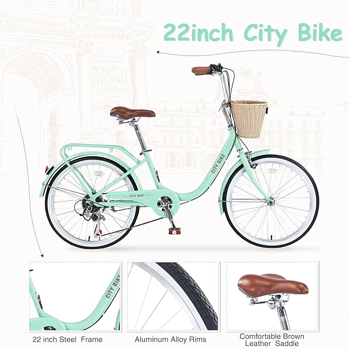 22/26 Inch Women's Bike Beach Cruiser Bike for Women/Girls，City Hybrid Bike 7 Speeds Adult Bicycle Commuter Bike for Women Men,4 Colors