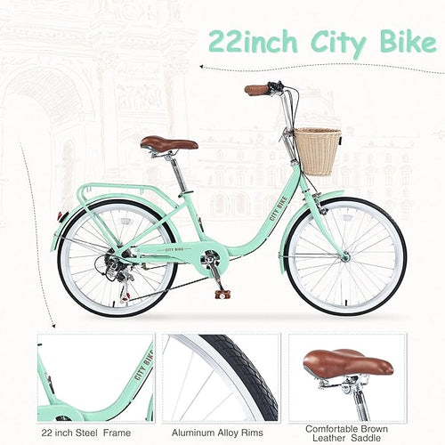 22/26 Inch Women's Bike Beach Cruiser Bike for Women/Girls，City Hybrid Bike 7 Speeds Adult Bicycle Commuter Bike for Women Men,4 Colors