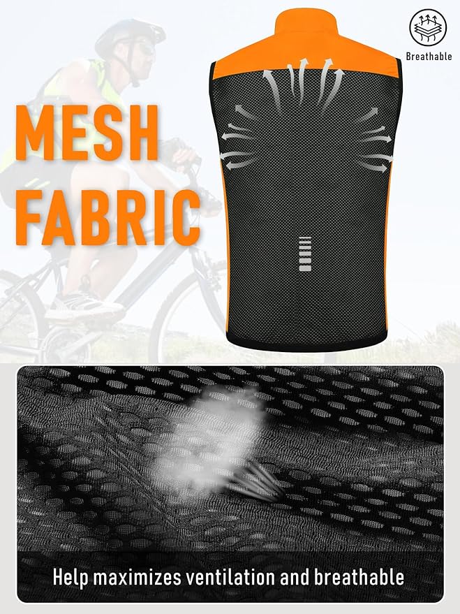qualidyne Men’s Lightweight Windproof Cycling Vest, Full-Zip Sleeveless Bike Gilet with Breathable Mesh Back and Reflective