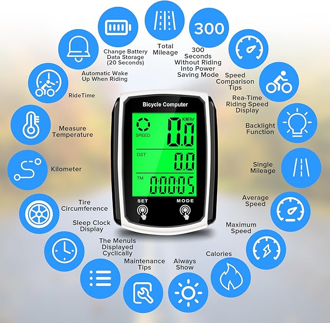 Bike Computer and Bicycle Odometer Wired MPH KM/H Bike Speedometer with Automatic Wake-Up Cycling Speed Tracker LCD Display & Single Mileage & Multi-Functions Accessories