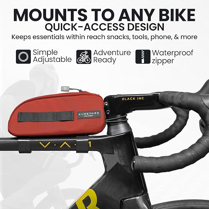 ALMSTHRE Top Tube Bag 8'' x 2'' x 3'' | Waterproof, Secure & Stable – Universal Bike Storage with Versatile Mounting – Fits Essentials | Adventure-Ready Cycling Gear