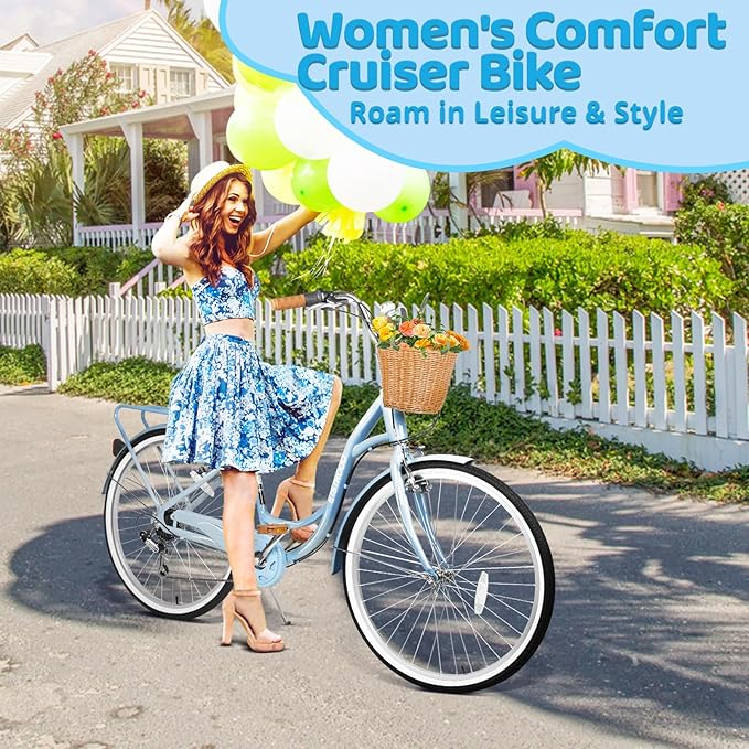 26 Inch Folding Beach Cruiser Bike for Women, 7-Speed Ladies Bike with Basket & Rack, Perfect for City Commuting's Bicycle, Ideal for Women and Adults