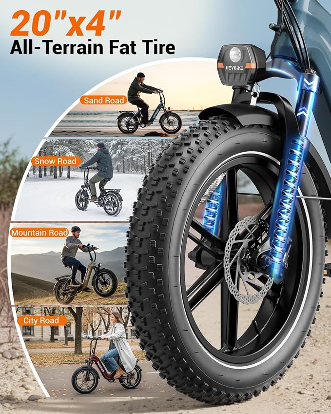 Heybike Ranger Foldable Electric Bike for Adults, 1200W/1800W Peak Motor, 28/32MPH E Bike, 55/90 Miles Range, 20"x4.0" Fat Tire Ebike with Removable Battery, Hydraulic Brakes for Snow, Beach,Commuting