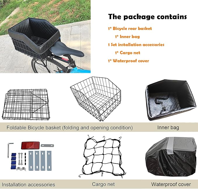 THALOUS Large Bike Rear Basket Thickened Folding Bicycle Basket with Leather Liner Bag Waterproof Cover Cargo Net Quick Release