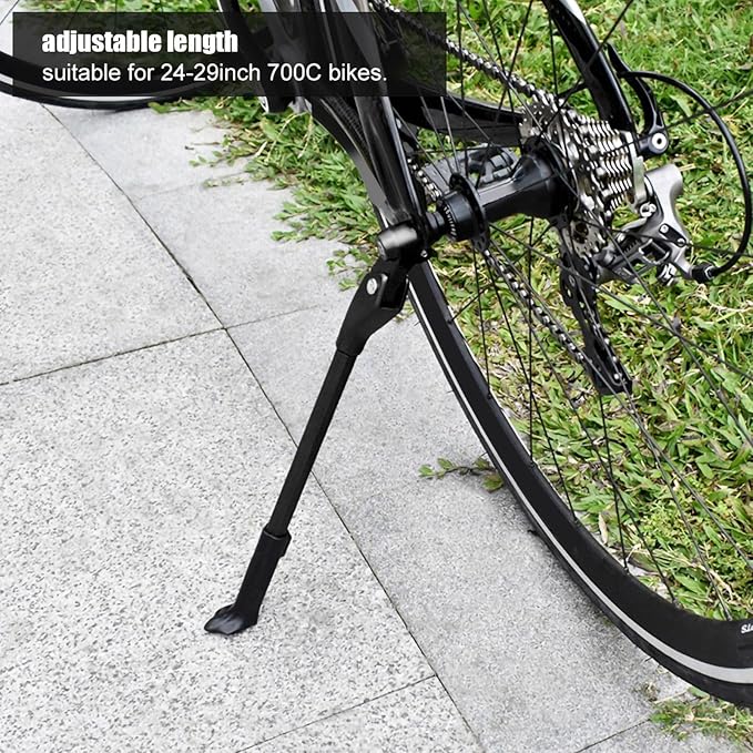 Aluminum Alloy Adjustable Bike Kickstand, Bicycle Side Stand for 24-29inch 700C Bikes, Anti - Skid Plastic Foot with Length Adjustment for Mountain and Road Bicycles