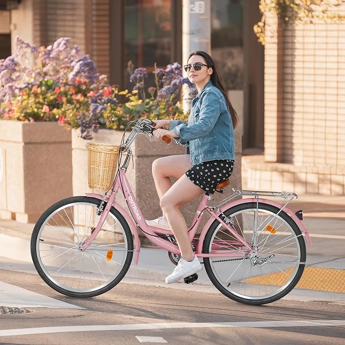 Outroad Comfort Bike for Women, 24/26 Inch Commuter Bicycle for Adult Men and Women, High-Carbon Steel Comfortable City Bikes with Rear Rack or Basket