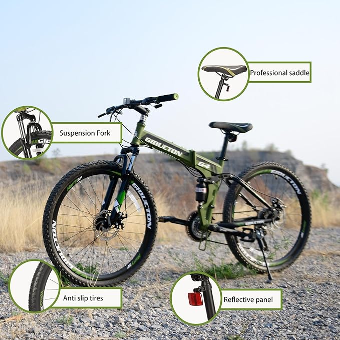 26" Folding Mountain Bike,21 Speed Full Suspension Foldable Bikes,Dual Disc Brakes Bicycle for Adults
