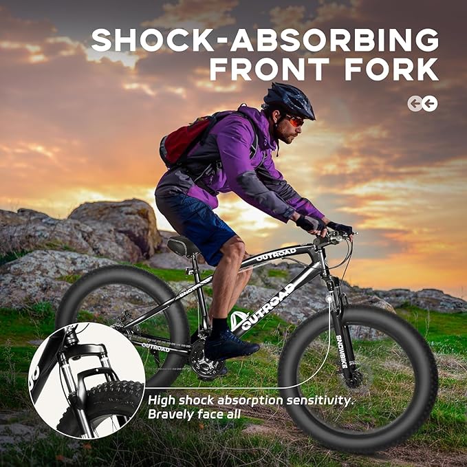 Outroad Fat Tire Mountain Bike with 26 inch Wheels, 21 Speed with High Carbon Steel Frame, Double Disc Brake and Front Suspension Anti-Slip Bikes